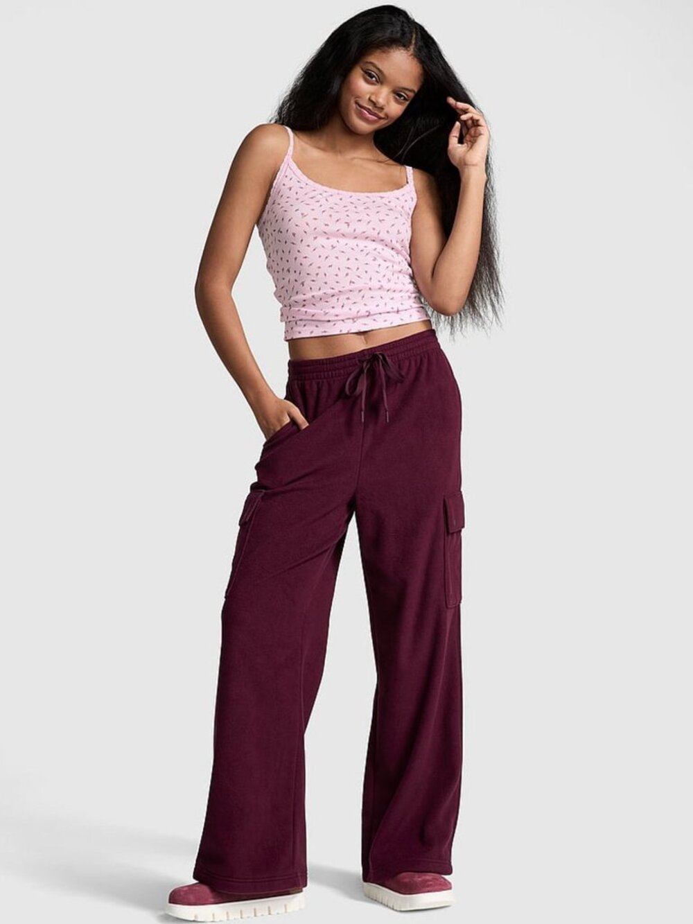 PINK Victoria's Secret Polar Fleece Wine Color Wide Leg Cargo Sweatpants XXL NWT